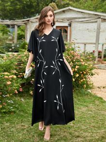 Al Najma Plants Embroidery Flutter Sleeve Dress Kaftan Jalabiya Dress - Black - View 1