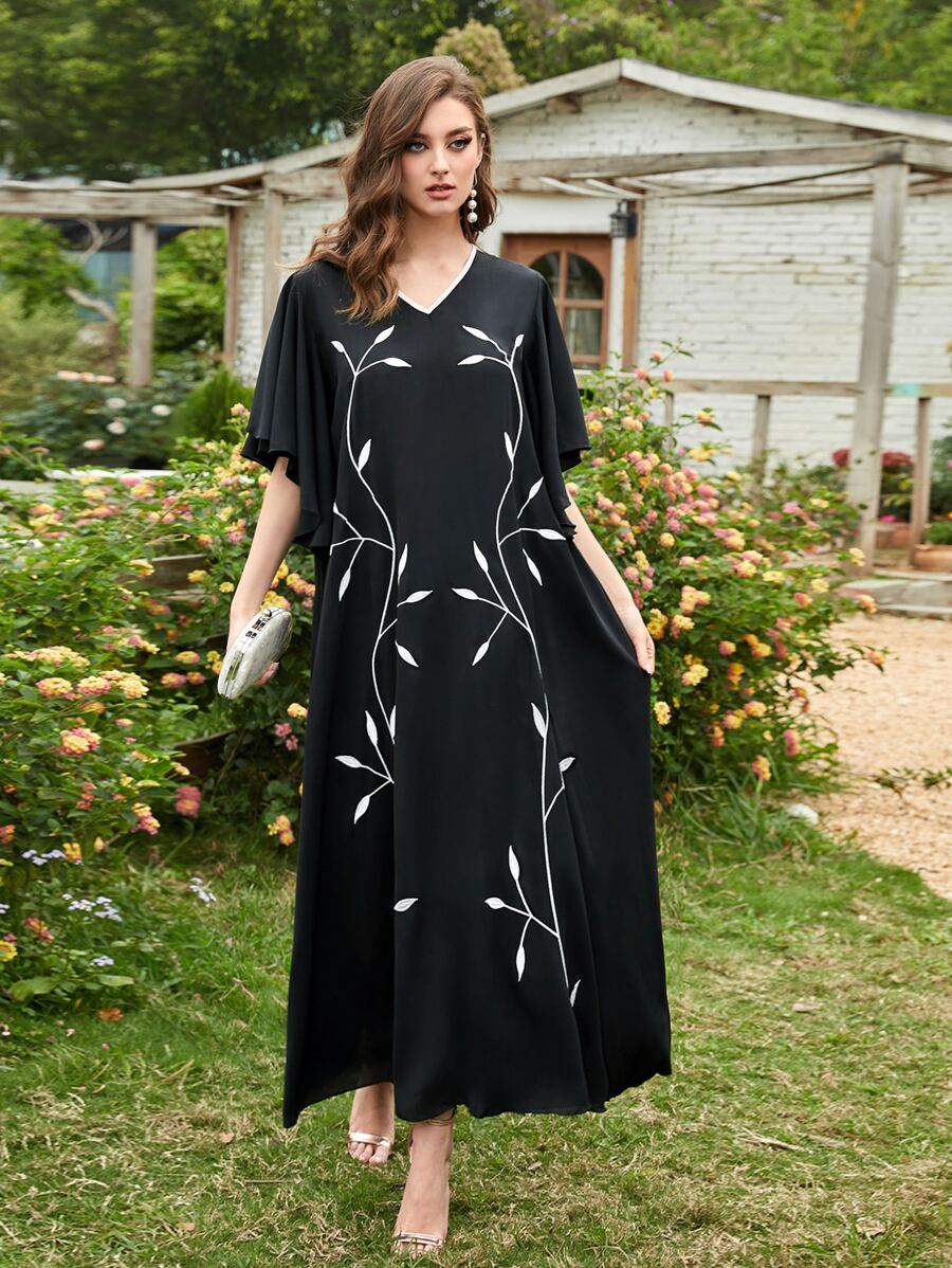 Al Najma Plants Embroidery Flutter Sleeve Dress Kaftan Jalabiya Dress - Black - View 1