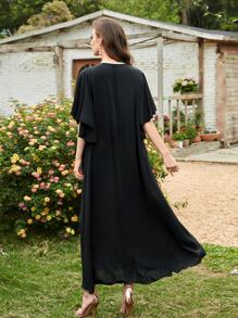 Al Najma Plants Embroidery Flutter Sleeve Dress Kaftan Jalabiya Dress - Black - View 2