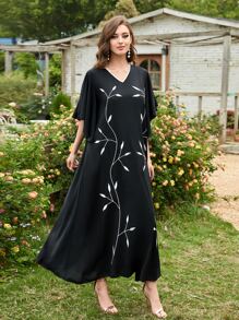 Al Najma Plants Embroidery Flutter Sleeve Dress Kaftan Jalabiya Dress - Black - View 4