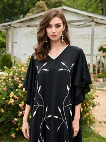 Al Najma Plants Embroidery Flutter Sleeve Dress Kaftan Jalabiya Dress - Black - View 5