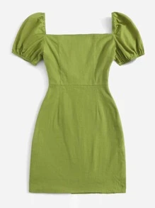 Soleia Đầm Dây kéo màu trơn Boho - Màu xanh Ô liu - Xem 2