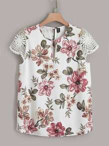 SHEIN Clasi Plus Floral Print Guipure Lace Sleeve Top - Multicolor - View 1