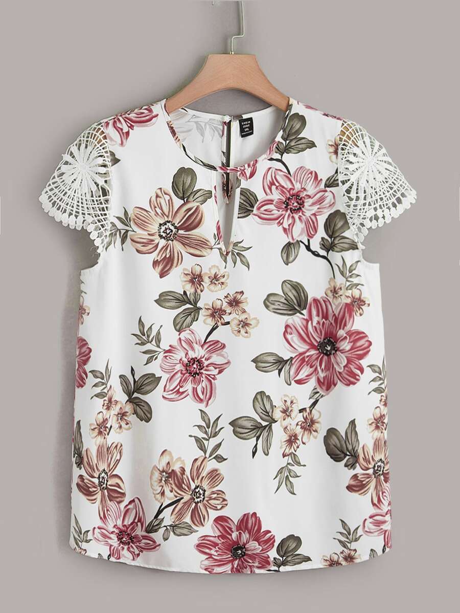 SHEIN Clasi Plus Floral Print Guipure Lace Sleeve Top - Multicolor - View 1