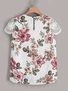 SHEIN Clasi Plus Floral Print Guipure Lace Sleeve Top - Multicolor - View 2