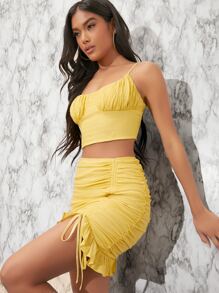 pecho con fruncido Top de tirantes con bajo con fruncido Set falda - Amarillo - Ver 3