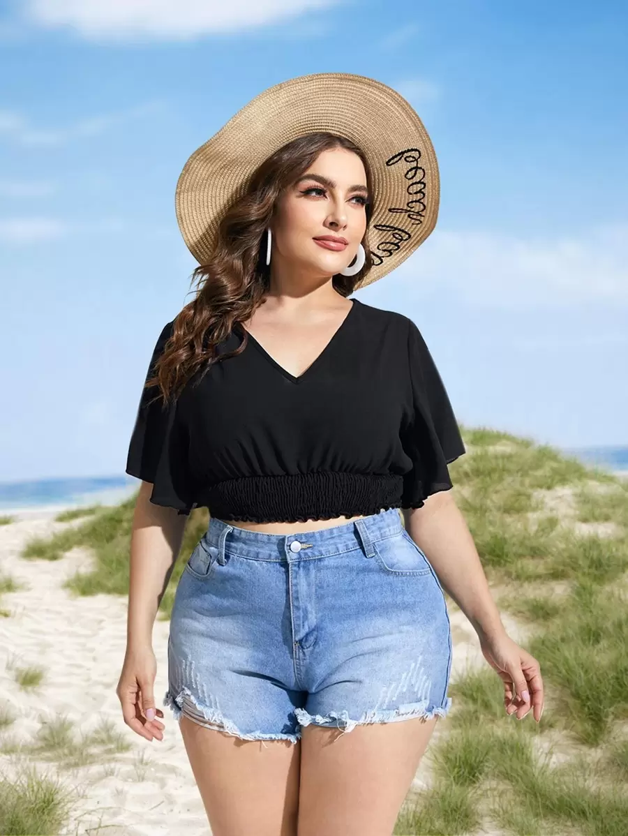 SHEIN LUNE Plus Butterfly Sleeve Shirred Blouse - Black - View 1