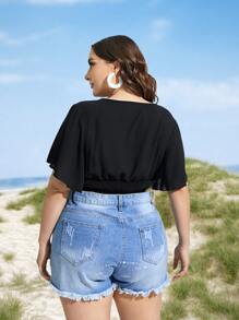 SHEIN LUNE Plus Butterfly Sleeve Shirred Blouse - Black - View 2