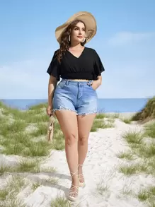 SHEIN LUNE Plus Butterfly Sleeve Shirred Blouse - Black - View 4