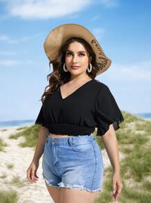 SHEIN LUNE Plus Butterfly Sleeve Shirred Blouse - Black - View 5