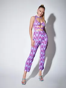 SHEIN BAE Wave Print O-Ring Front Cutout Jumpsuit - Multicolor - View 1