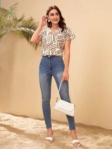 SHEIN LUNE 西裝領蝙蝠袖條紋上衣 - 彩色 - 查看 5