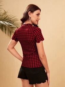 SHEIN Privé 頸鍊領貝殼邊格紋上衣 - 彩色 - 查看 2