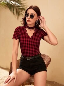 SHEIN Privé 頸鍊領貝殼邊格紋上衣 - 彩色 - 查看 3