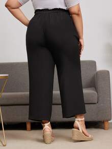 SHEIN 大碼素色腰帶直筒褲 - 黑色 - 查看 2