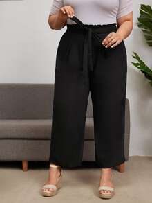 SHEIN 大碼素色腰帶直筒褲 - 黑色 - 查看 5