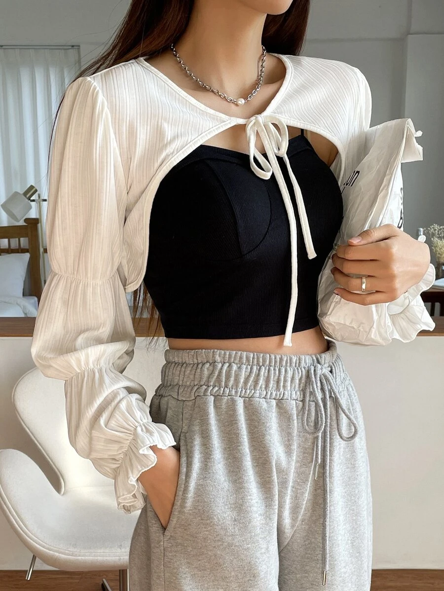 DAZY 1pc Tie Front Flounce Sleeve Crop Top Long Sleeve Women Tops,Fall Women Clothes - White - View 1