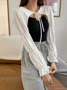 DAZY 1pc Tie Front Flounce Sleeve Crop Top Long Sleeve Women Tops,Fall Women Clothes - White - View 3