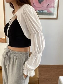 DAZY 1pc Tie Front Flounce Sleeve Crop Top Long Sleeve Women Tops,Fall Women Clothes - White - View 4