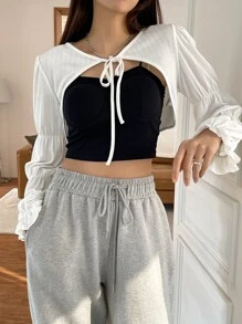 DAZY 1pc Tie Front Flounce Sleeve Crop Top Long Sleeve Women Tops,Fall Women Clothes - White - View 5