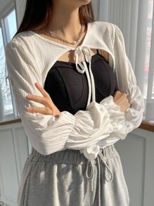 DAZY 1pc Tie Front Flounce Sleeve Crop Top Long Sleeve Women Tops,Fall Women Clothes - White - View 6