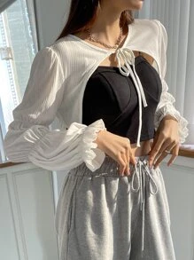 DAZY 1pc Tie Front Flounce Sleeve Crop Top Long Sleeve Women Tops,Fall Women Clothes - White - View 7