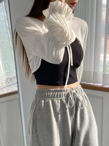 DAZY 1pc Tie Front Flounce Sleeve Crop Top Long Sleeve Women Tops,Fall Women Clothes - White - View 8