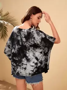 SHEIN VCAY Fake Buttons Batwing Sleeve Tie Dye Tee - Multicolor - View 3