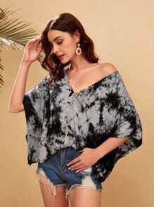 SHEIN VCAY Fake Buttons Batwing Sleeve Tie Dye Tee - Multicolor - View 1
