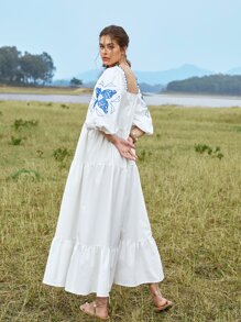 SHEIN Floral Print Frill Trim Puff Sleeve Ruffle Hem Dress - White - View 2