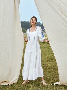 SHEIN Floral Print Frill Trim Puff Sleeve Ruffle Hem Dress - White - View 3