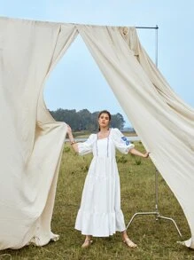 SHEIN Floral Print Frill Trim Puff Sleeve Ruffle Hem Dress - White - View 4