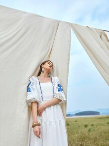 SHEIN Floral Print Frill Trim Puff Sleeve Ruffle Hem Dress - White - View 6