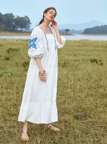 SHEIN Floral Print Frill Trim Puff Sleeve Ruffle Hem Dress - White - View 7