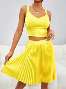Bộ đồ hai mảnh nữ Xếp li màu trơn Giải trí - Màu vàng - Xem 1