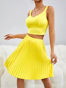 Bộ đồ hai mảnh nữ Xếp li màu trơn Giải trí - Màu vàng - Xem 5