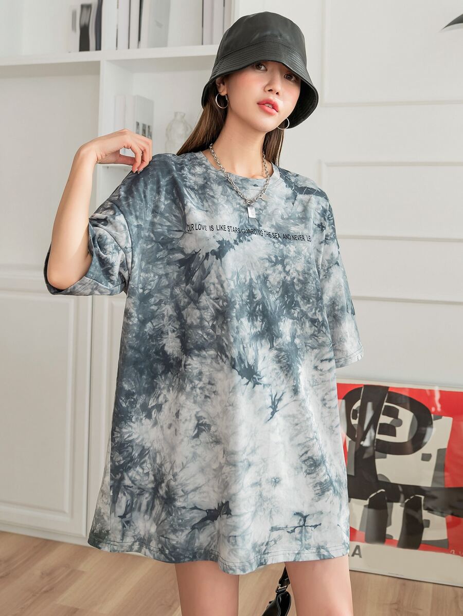 DAZY Slogan Graphic Tie Dye Drop Shoulder Oversized Tee - Multicolor - View 1