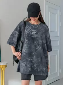 DAZY Áo thun oversize dáng rộng vai trễ vai in chữ và nhuộm loang, Unisex mùa hè, áo thun họa tiết - Màu xám đen - Xem 1