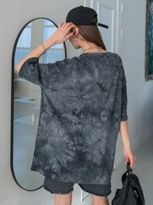 DAZY Áo thun oversize dáng rộng vai trễ vai in chữ và nhuộm loang, Unisex mùa hè, áo thun họa tiết - Màu xám đen - Xem 2