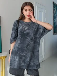 DAZY Áo thun oversize dáng rộng vai trễ vai in chữ và nhuộm loang, Unisex mùa hè, áo thun họa tiết - Màu xám đen - Xem 4