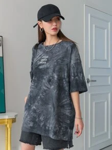 DAZY Áo thun oversize dáng rộng vai trễ vai in chữ và nhuộm loang, Unisex mùa hè, áo thun họa tiết - Màu xám đen - Xem 5