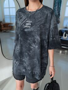 DAZY Áo thun oversize dáng rộng vai trễ vai in chữ và nhuộm loang, Unisex mùa hè, áo thun họa tiết - Màu xám đen - Xem 6