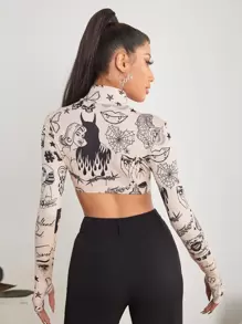 SHEIN PETITE 字母任務圖案立領上衣 - 彩色 - 查看 2