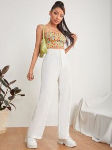 SHEIN PETITE 純色雙口袋修身夏季長褲，適合秋冬穿著，小碼女款 - 白色 - 查看 3