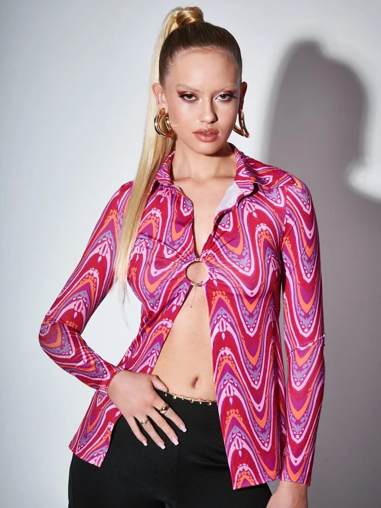 O-ring Ruched Marble Print Split Detail Top