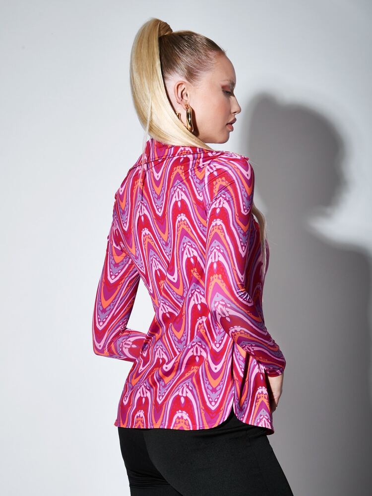 O-ring Ruched Marble Print Split Detail Top