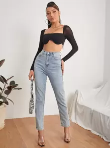 SHEIN PETITE Square Neck Sheer Mesh Sleeve Asymmetrical Hem Top - Black - View 3