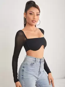 SHEIN PETITE Square Neck Sheer Mesh Sleeve Asymmetrical Hem Top - Black - View 5