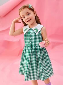 Jospresso Đầm bé gái Tương phản ren Nghề thêu Nút phía trước Hoạt hình Kẻ sọc Dễ thương - màu xanh lá - Xem 1
