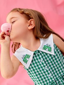 Jospresso Đầm bé gái Tương phản ren Nghề thêu Nút phía trước Hoạt hình Kẻ sọc Dễ thương - màu xanh lá - Xem 3